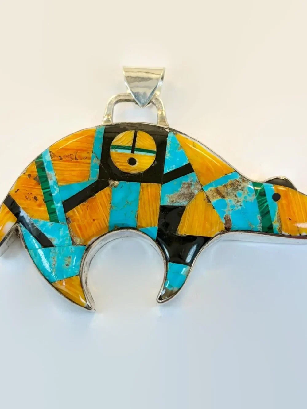 Native American Bear Pendant, Vintage, Sterling Silver, Turquoise, Spiny Oyster